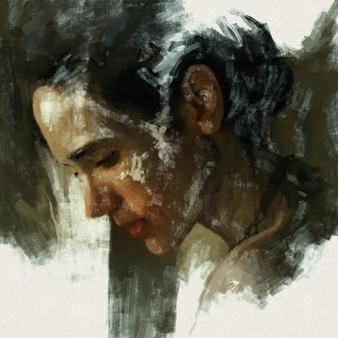 A digital painting in an impressionistic style depicting the side profile of a person with dark, messy hair, closed eyes, and red lips, with paint texture drips visible on the face.