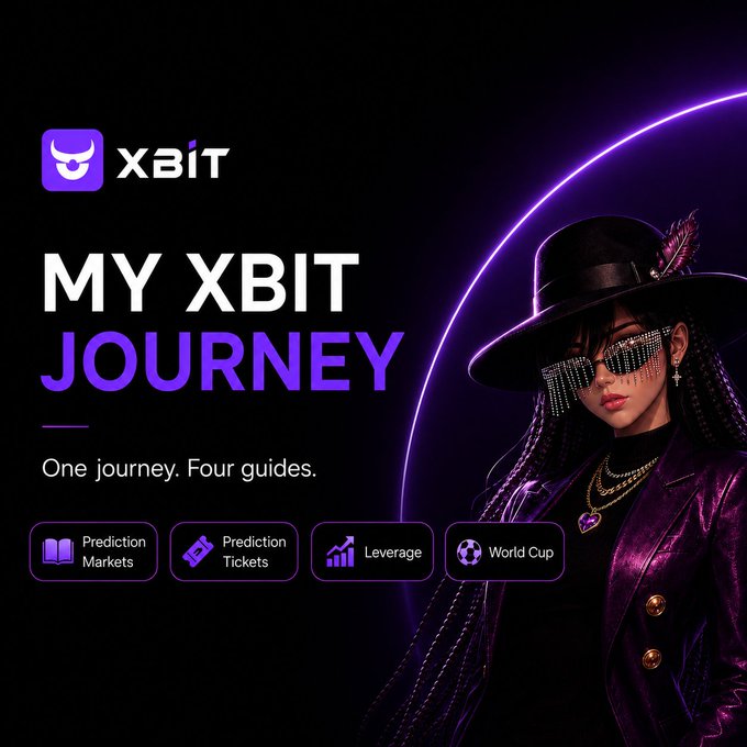 Promotional graphic for xBit titled 'MY XBIT JOURNEY' with the tagline 'One journey. Four guides,' showing categories for Prediction Markets, Prediction Tickets, Leverage, and World Cup alongside a stylized figure in a purple outfit and hat.