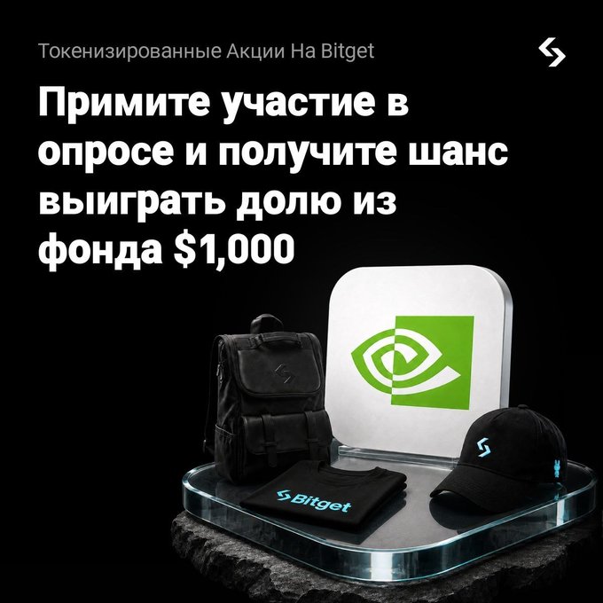 A promotional banner with Russian text ("Токенизированные Акции На Bitget — Примите участие в опросе и получите шанс выиграть долю из фонда $1,000") invites users to complete a survey about tokenized stocks on Bitget for a chance to win a share of a $1,000 prize pool, accompanied by images of branded merchandise including a backpack, cap, light-up logo display, and t-shirt.