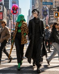 A stylized urban street scene showing two fashionable figures walking—one with green hair in a leopard print coat and green outfit, the other in all black with white hair—against a backdrop of Tokyo/Shibuya-style signage.