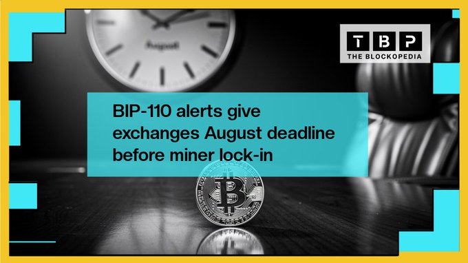 The image features a black-and-white photo of a Bitcoin physical coin beside a clock, with an overlay reading "BIP-110 alerts give exchanges August deadline before miner lock-in," alongside The Blockpedia (TBP) logo—visually reinforcing the post's urgency around the upcoming Bitcoin protocol enforcement deadline.
