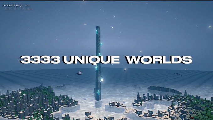 A promotional image for the NFT collection "ACCRETION by MDV" showcases a futuristic landscape with a towering central spire and surrounding city structures, overlaid by "3333 UNIQUE WORLDS" in bold white text, highlighting the collection's limited edition size as mentioned in the post.