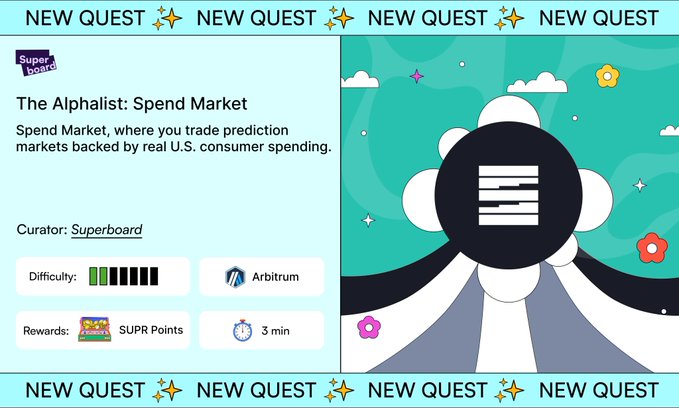 A 'New Quest' graphic from Superboard titled 'The Alphalist: Spend Market,' describing trading prediction markets based on real U.S. consumer spending, with details showing 5 bars of difficulty, Arbitrum chain, 3 min duration, and SUPR Points rewards.