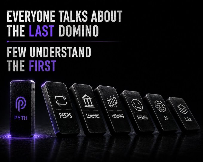 The image features a row of seven black rectangular blocks, each with a different symbol or icon representing various aspects of cryptocurrency trading. The first block has a blue "P" symbol, while the last block has a purple "L" symbol. The text in the image reads "Everyone talks about the next big thing Few people talk about the infrastructure billions already depend on Infrastructure like @PythNetwork only becomes obvious when it stops working". This message is related to the post about cryptocurrency trading and emphasizes the importance of understanding the underlying technology, such as blockchain, that supports this digital currency.