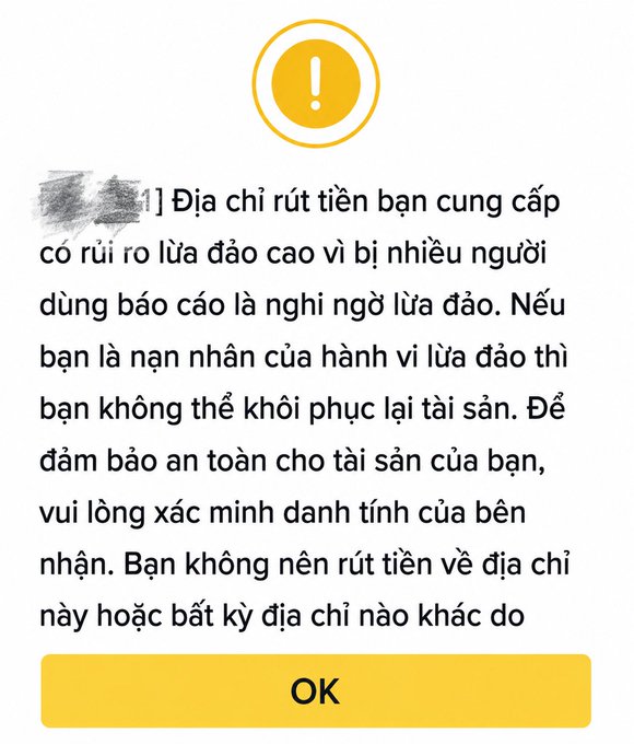 The image displays a warning on Binance that a withdrawal address is at high risk of being a scam. This warning appears when addresses are reported as suspicious by multiple users, directly supporting the post's message about scam address warnings on the platform.