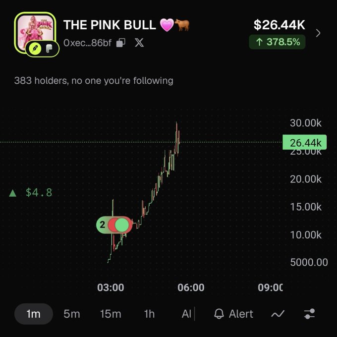A cryptocurrency chart for 'THE PINK BULL' showing a price of $26.44K with a 378.5% increase.