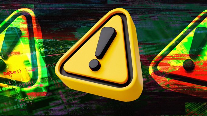 A glitchy, yellow warning sign with an exclamation mark floats over a background of distorted, red-and-green computer code. The image's warning symbol visually underscores the post's message—initial alarm over LayerZero's $2.4 million wallet movements—while PeckShield's clarification reassures that the activity was routine rebalancing, not a security threat.
