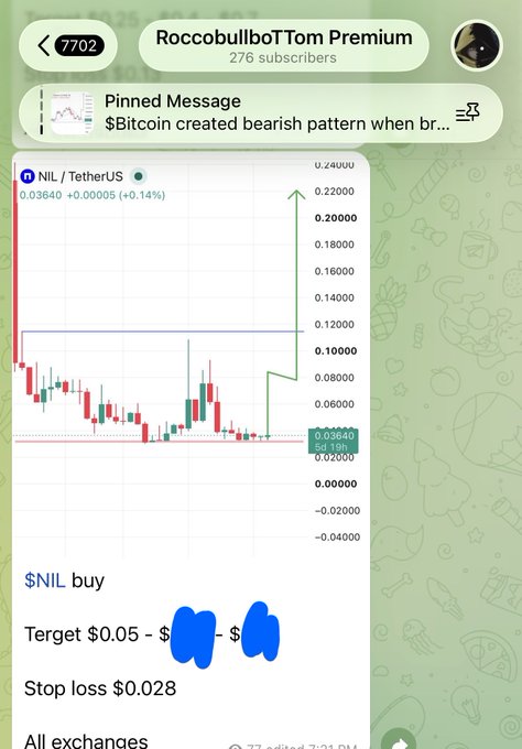 A Telegram channel called "RoccobullboTTom Premium" displays a bullish trading signal for $NIL/USDT, recommending a buy at the current price of $0.03640 with a first target of $0.05 and a stop loss at $0.028. The caption "$NIL just beginning after my premium call, already made 35% profit" aligns with the chart showing an upward price movement, indicating the trade is progressing toward its second target.