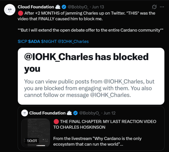 A screenshot of a tweet by Cloud Foundation (@BobbyQ) announcing that @IOHK_Charles has blocked them, mentioning a debate offer to the Cardano community.