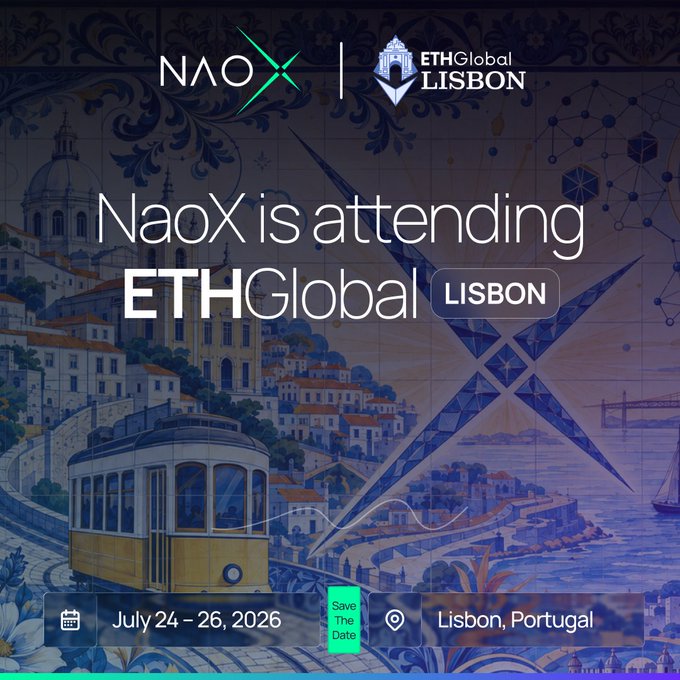 Promotional graphic for NaoX's attendance at ETHGlobal Lisbon, featuring the NAOX and ETHGlobal Lisbon logos alongside an illustration of Lisbon's coastline, tram, and bridge, with event details reading "July 24–26, 2026" and "Lisbon, Portugal" prominently displayed.