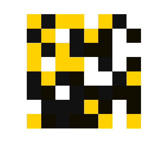 A pixel art image composed of yellow, black, and white squares forming an abstract character or creature.