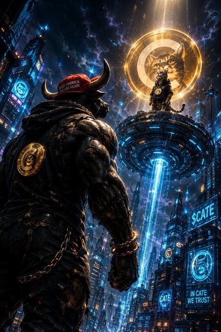 A dark fantasy digital artwork showing a horned, muscular creature wearing a red 'Make America CATE Again' hat looking up at a lion statue on a glowing platform in a futuristic city with '$CATE' and 'IN CATE WE TRUST' signage.