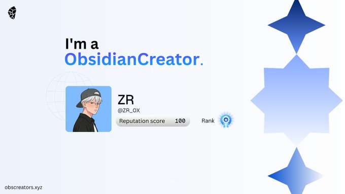A profile page titled 'I'm a ObsidianCreator.' featuring a user named 'ZR' (@ZR_OX) with a Reputation score of 100 and the website 'obscreators.xyz'.
