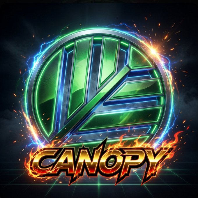 A vibrant, neon-styled circular emblem featuring geometric green and blue segments crackles with electrical energy above the fiery "CANOPY" logo, visually representing the bold, dual-structure identity of the @CNPYNetwork and its integrated Canopy Stack and Chain framework.