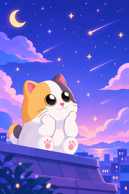 An illustration of a cute calico cat with large sparkling eyes sitting on a rooftop, gazing at a vibrant night sky filled with stars, a crescent moon, and shooting stars.
