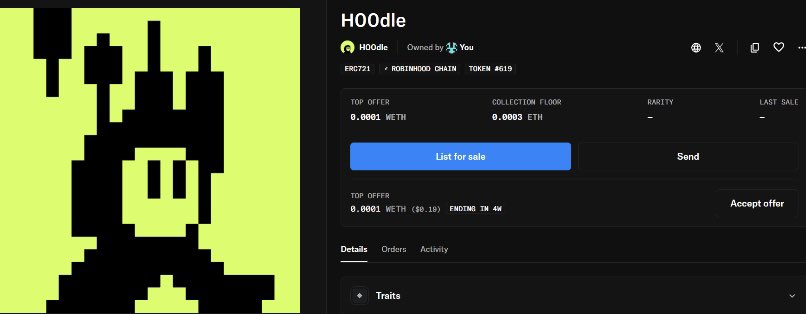 An NFT marketplace page displaying 'HOOdle' token #619, a pixel-art green character icon, with options to 'List for sale' and 'Send', priced at 0.0001 WETH.