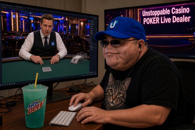 A person wearing a blue 'U' cap, sunglasses, and a black cat-print shirt sits at a computer with a bright blue 'mtn dew' cup in the foreground; the monitors display 'Unstoppable Casino POKER Live Dealer' alongside a digitally inserted dealer wearing a 'U' badge vest.