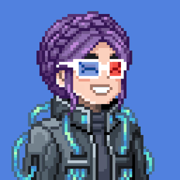 A pixel art portrait of a character with purple hair wearing 3D glasses and a futuristic gray and blue glowing jacket against a blue background.