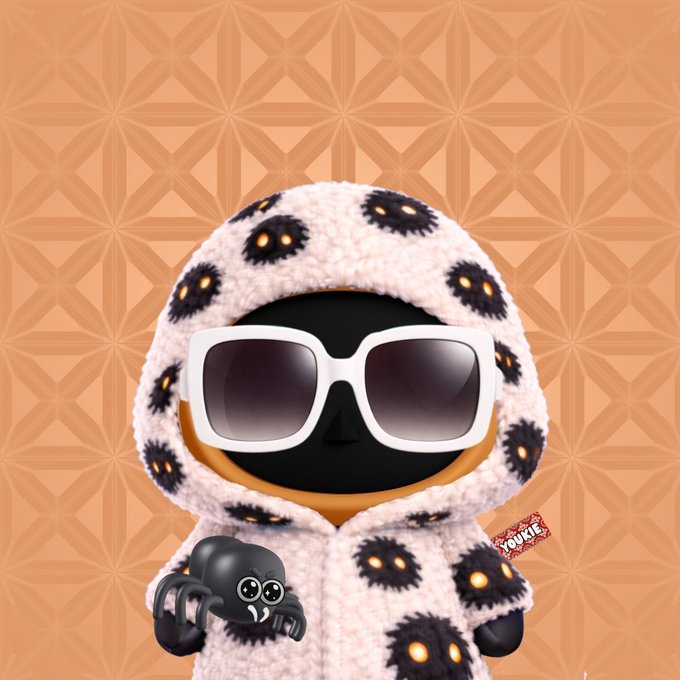 This NFT, featuring a fuzzy character with white sunglasses and a small spider companion, is an example of building a brand that people would miss if it disappeared, as promoted by @YoukieVerse. The graphic includes a red "YOUKIE" tag on the character's sleeve.