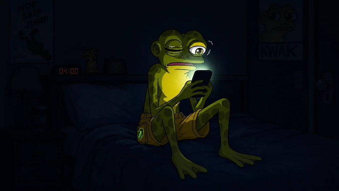 A weary-looking green frog sits on a bed in a dark room, illuminated by the glow of its phone showing "04:00" on a nearby clock, with "HOP SKIP JUMP" and "KWAK" posters on the walls—visually capturing the post's reference to the meme coin $HOPPY, positioned as the next potential billion-dollar meme coin like SHIB.