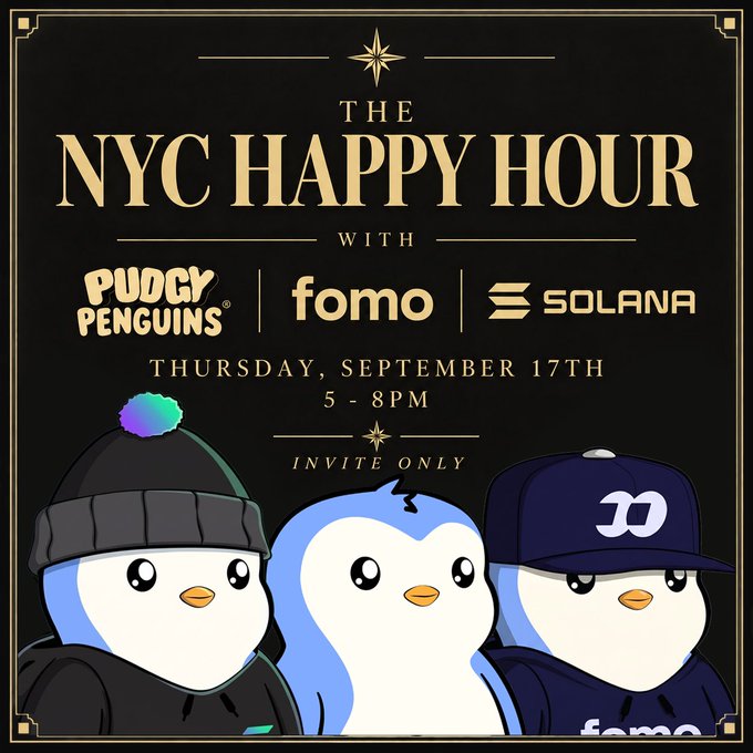 Promotional graphic for "The NYC Happy Hour" featuring Pudgy Penguins, fomo, and Solana on Thursday, September 17th from 5-8PM (invite only), with three cartoon penguins illustrated at the bottom to highlight the event's co-hosts and partners mentioned in the post.