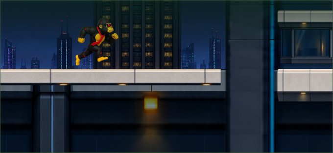 A screenshot from a 2D side-scrolling video game featuring a character in a black ninja-like outfit with yellow accents running across an elevated platform against a nighttime cityscape background.