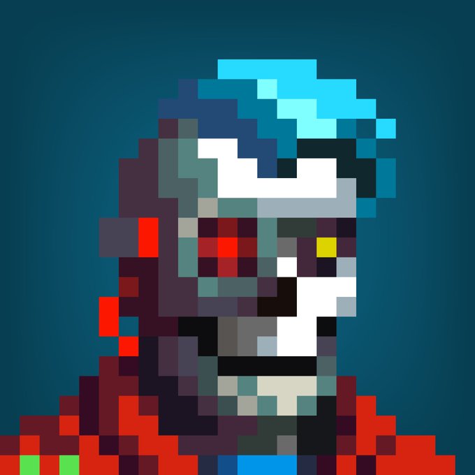 Pixel art portrait of a character with blue hair wearing a high-tech red and grey helmet or visor.