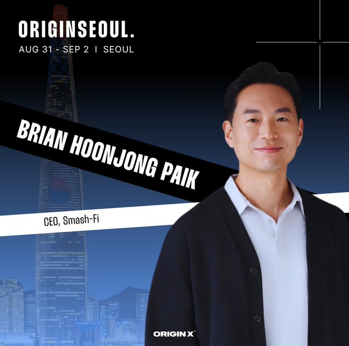 A promotional image for 'ORIGINSEOUL' (Aug 31 - Sep 2) featuring a portrait of Brian Hoonjong Paik, CEO of Smash-Fi, set against a nighttime city skyline.