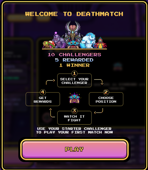The image shows a game interface screen from the video game Illuvium Deathmatch. The main focus is on the welcome screen, which displays the game's title "Welcome To Deathmatch" along with a list of rewards for players who complete certain challenges or reach specific milestones in the game. There are also instructions and options available to guide players through the game mechanics and help them progress.