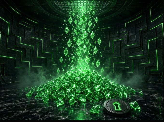 A dramatic fantasy scene shows a massive pile of glowing green crystals in a dark room, with a keyhole-shaped emblem on the floor and green neon lines etched into the walls.