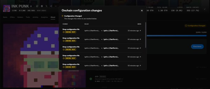 A screenshot of an Ink Punk NFT collection showing a blockchain configuration changes dialog box with multiple 'Omnichain configuration file' updates marked as Initialized.