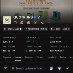 The image shows an OpenSea listing for the "QUOTRONS" NFT collection on the Base blockchain, displaying a floor price of 3.55 ETH (approximately $9,000), with 411.23 ETH in 24-hour volume and 828 unique owners. The listing details support the post's claim about QUOTRONS being valued around $9,000 per NFT, suggesting it may indeed be underpriced compared to the similarly-themed WIF collection mentioned by the user.