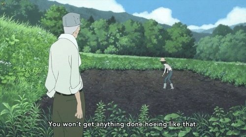 An anime scene shows an older farmer watching a younger person hoeing a field, with the subtitle reading 'You won't get anything done hoeing like that.'