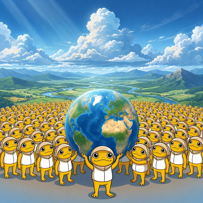 A vast army of cartoon frogs wearing headsets gathers under a bright blue sky, collectively hoisting up a giant Earth at the center of the scene. The image visually reinforces the post's message of global unity, with the $TURBO community rallying together to "lift the world."