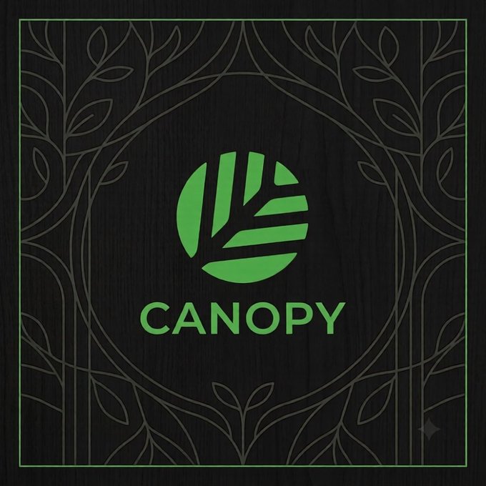 A dark wooden background featuring a green logo with a stylized tree inside a circle and the text 'CANOPY' beneath it, surrounded by decorative leaf outlines.