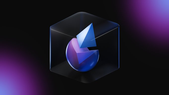 A 3D rendered logo featuring blue and purple geometric shapes enclosed in a transparent glass cube, set against a dark background with purple gradient lighting.