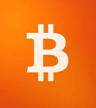 An orange background displaying the white Bitcoin (₿) logo.