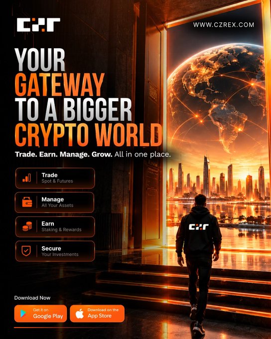 A promotional advertisement for a cryptocurrency platform called 'CZREX' (czrex.com) featuring a man in a hoodie looking at a futuristic, glowing city and Earth, with the tagline 'YOUR GATEWAY TO A BIGGER CRYPTO WORLD' and app store download links.