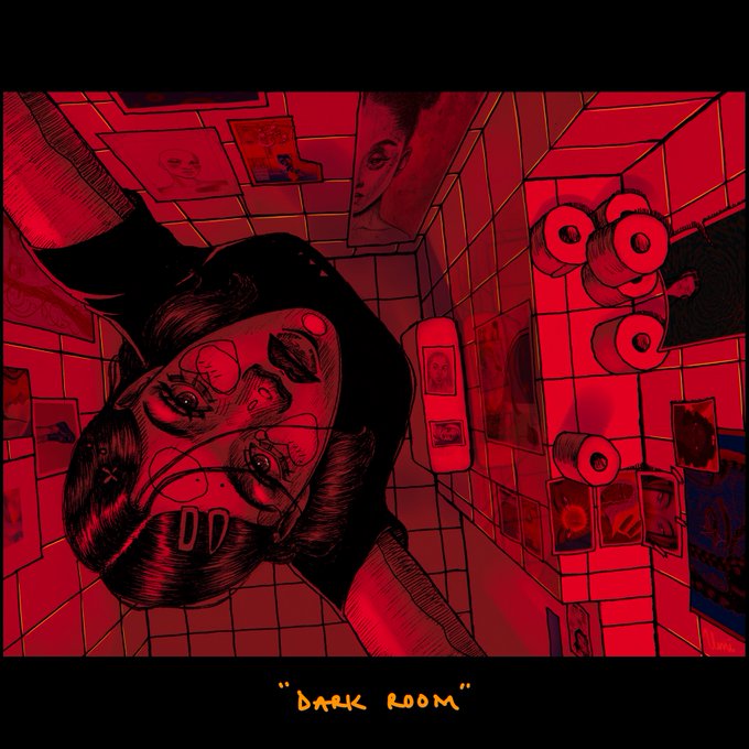 An illustrated scene in intense red tones shows a person leaning back in a tiled room with toilet paper rolls and pictures on the walls, labeled 'DARK ROOM' at the bottom.