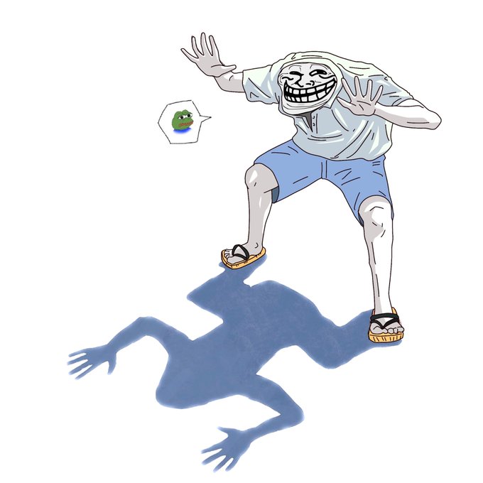 The image features an illustration of a man with a frog on his shoulder, wearing flip flops and standing against a white background. The frog has a speech bubble that says "Boohoo! Scared of a little dip? Grow a pair. A real $TROLL buyers and holds through anything, like most of us have been doing for more than a year." This humorous message adds a lighthearted touch to the illustration.