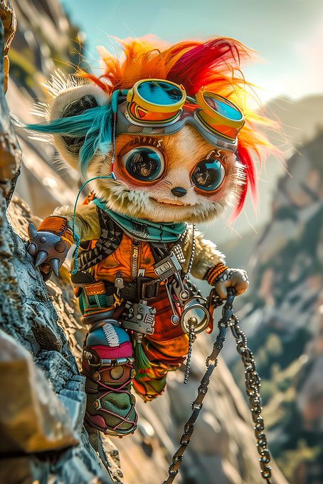 A vibrant digital artwork of an anime-style orange fox-like creature wearing goggles, an orange jacket, and tactical gear, holding chains while climbing a rocky cliff.