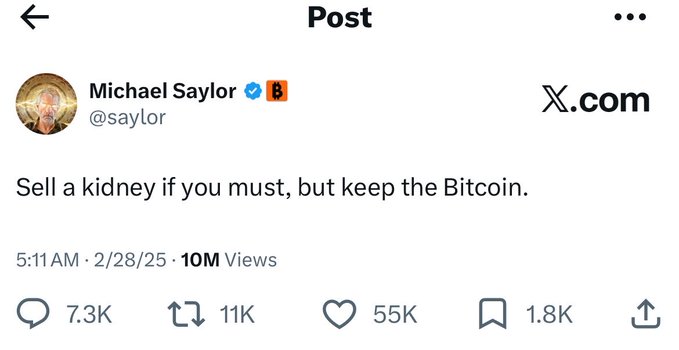 In the image, there's a text posted on social media that reads: "apparently @saylor sold 32 Bitcoins after saying this Is it over for bitcoin?." The text appears to be a part of a social media post or message shared by Michael Taylor.
