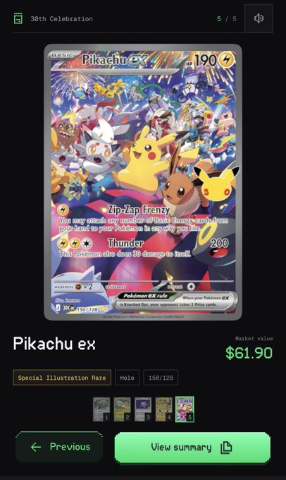 A digital trading card app displays a Pikachu ex Pokémon card (150/128, Special Illustration Rare) valued at $61.90, featuring attacks 'Zip-Zap Frenzy' and 'Thunder'.