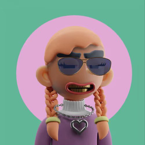 A stylized 3D cartoon character with braided pigtails, sunglasses, and gold grills wears a silver heart necklace against a pink and teal backdrop. The image pairs with the "gm gm believers of NFTs" post as a vibrant, stylized avatar representing a cheerful crypto/NFT community member greeting fellow believers.