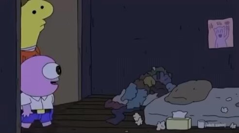 The image features a cartoon scene with two characters, a large purple alien and a small yellow cartoon character, standing next to each other in front of a bed. The bed appears messy, with clothes scattered around it. In the background, there is a poster on the wall that says "That one bro who bought bitcoin at the top". This suggests that the cartoon might be related to Bitcoin or cryptocurrency, possibly as part of an advertisement or promotion for such digital currency.