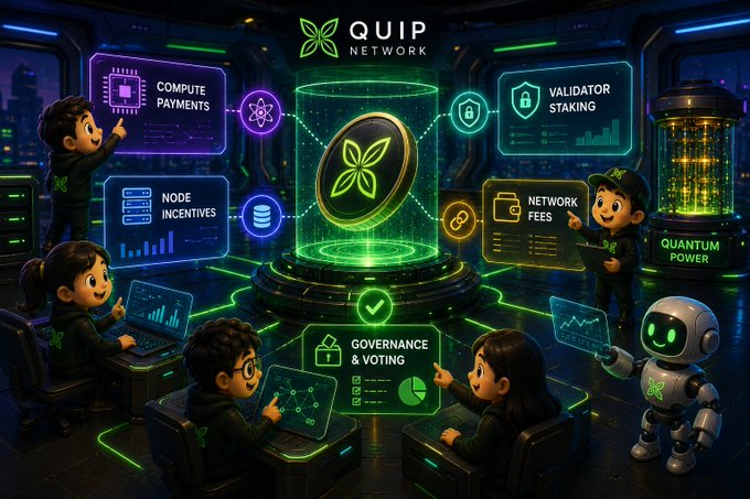 An illustration shows cartoon developers and a robot working around a glowing green "QUIP NETWORK" token, with surrounding panels labeled "COMPUTE PAYMENTS," "VALIDATOR STAKING," "NODE INCENTIVES," "NETWORK FEES," "GOVERNANCE & VOTING," and a server rack marked "QUANTUM POWER." The image visualizes the post's point by depicting Quip Network's revenue-generating ecosystem for developers building on quantum computing infrastructure, going beyond just the hardware itself.