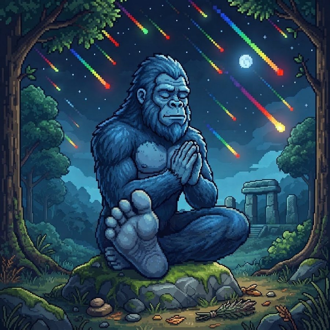 A pixel art illustration shows a blue-furred Bigfoot meditating in a lotus position on a mossy rock under a night sky filled with colorful shooting stars, with Stonehenge visible in the background.