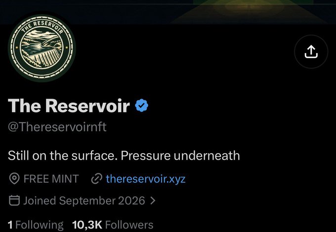 An X/Twitter profile for 'The Reservoir' (@Thereservoirnft), a verified account with the bio 'Still on the surface. Pressure underneath', noting a FREE MINT and thereservoir.xyz.