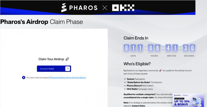 A screenshot of the Pharos airdrop claim page features a countdown timer showing 11 days, 08 hours, 41 minutes, and 30 seconds remaining, alongside a "Connect Wallet" button. Eligibility details list Testnet Participants, "Stake Before the Stake" Contributors, Pharos Discord Role Holders, and OKX Wallet Campaign Users as qualifying groups for the $PROS token airdrop.