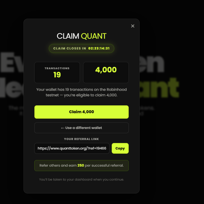 A "CLAIM QUANT" modal window shows a countdown timer of 02:23:14:31, with 19 transactions and a claim amount of 4,000, along with a referral link to quanttoken.org.